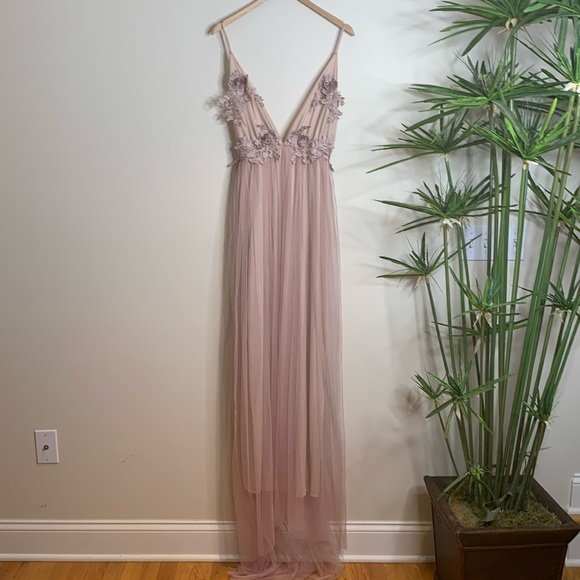 Boutique Dresses & Skirts - Dusty Rose Plunge Front Backless Tulle Train Floral Applique Gown Slip Dress M